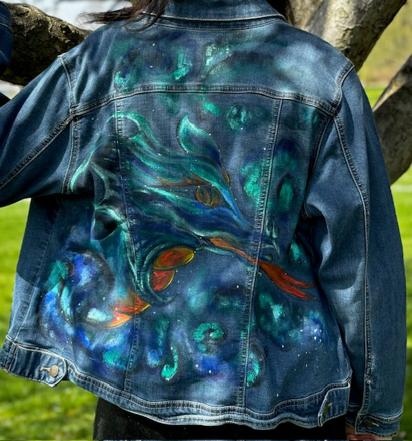 Acrylic on upcycled jean jacket size womens med