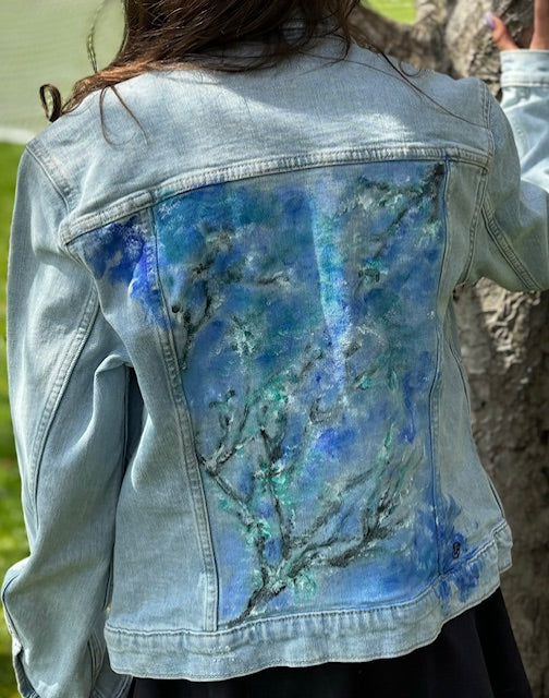 Acrylic on Upcycled Jean Jacket- Girls size M